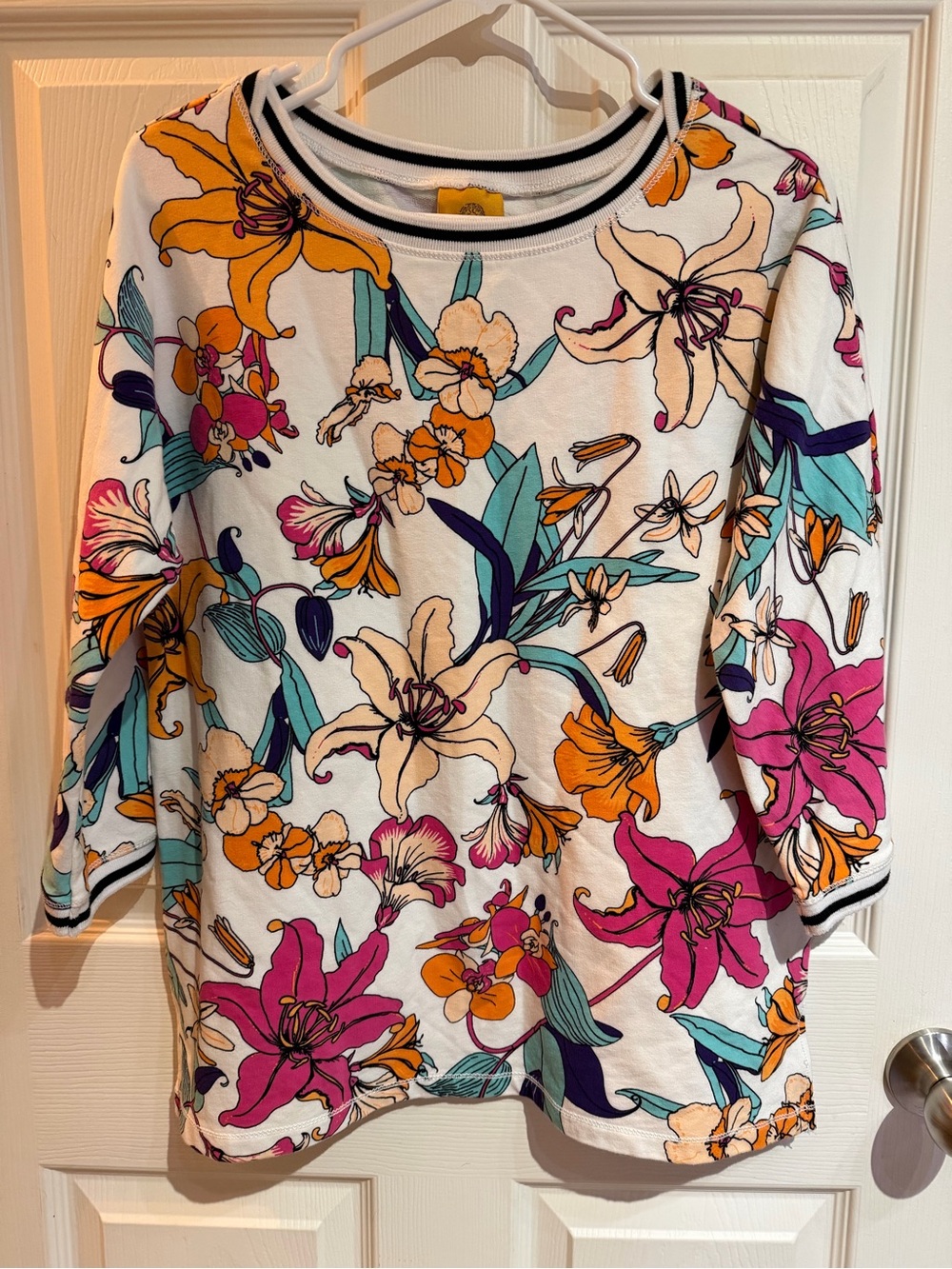 Floral 3/4 Sleeve Sweatshirt - White with Pink & Orange Blooms